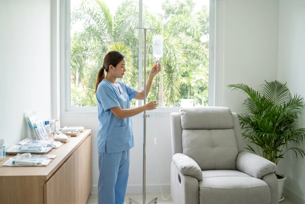 Nurse preparing an IV drip in the treatment room at the clinic in Bang Tao, Phuket