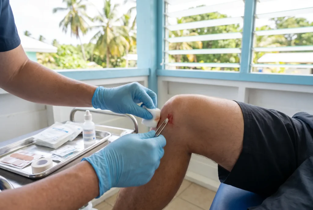 Clinician cleaning and dressing a wound at the walk-in clinic in Bang Tao, Phuket