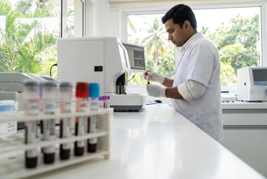 On-site laboratory processing blood samples at the clinic in Bang Tao, Phuket