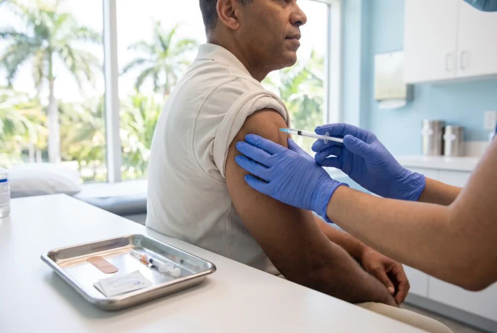 Clinician giving a vaccination injection at the clinic in Bang Tao, Phuket
