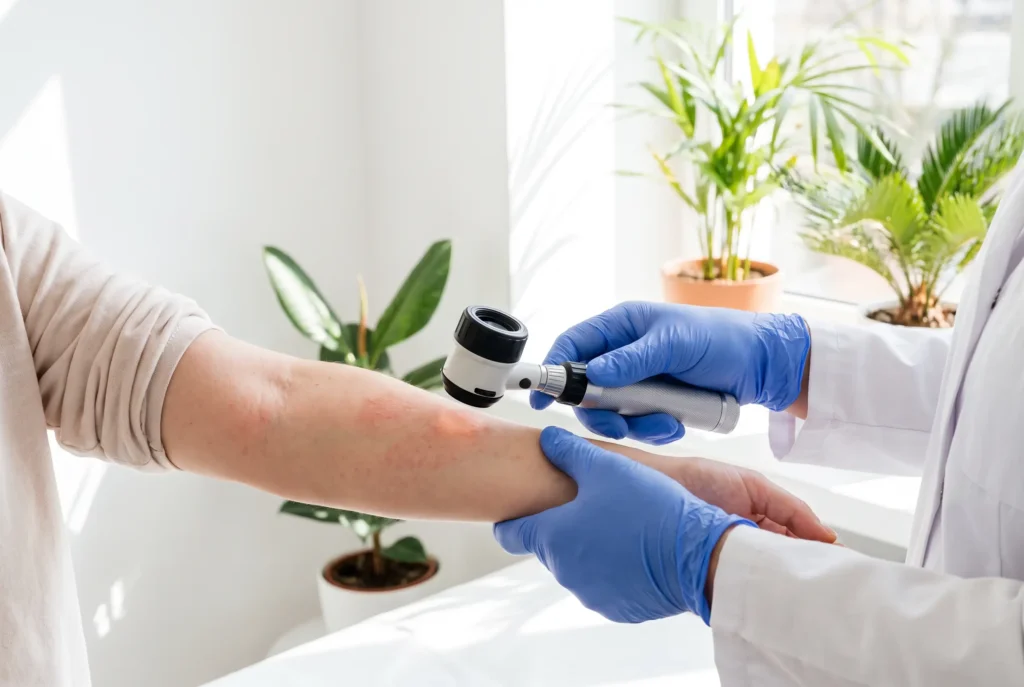 Doctor examining a skin rash on a patient's arm at the clinic in Bang Tao, Phuket
